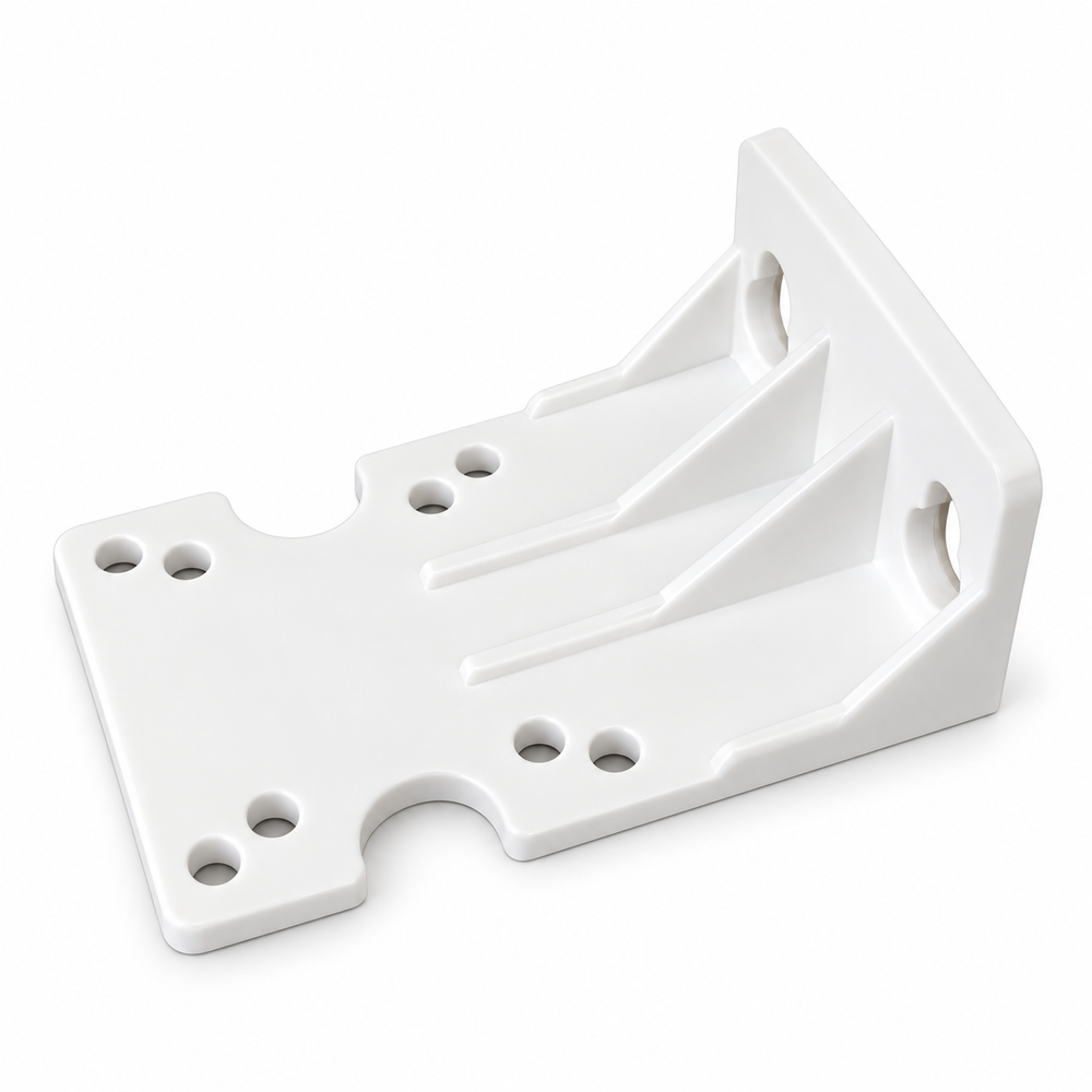 ACP10-03 white plastic single bracket for 10-inch slimline filter housing, angled view showing reinforcing ribs and mounting holes