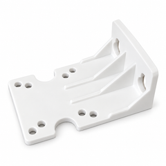 ACP10-03 white plastic single bracket for 10-inch slimline filter housing, angled view showing reinforcing ribs and mounting holes