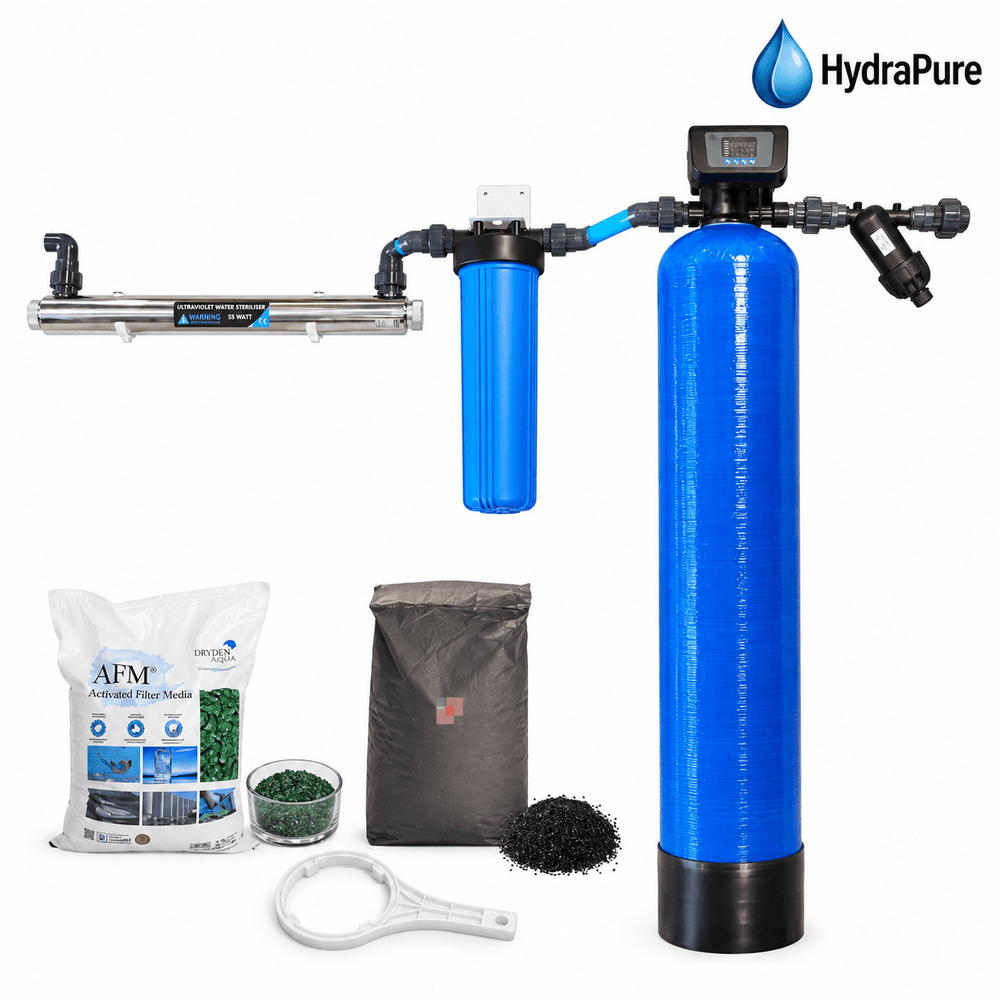 HydraPure 50 L Whole House Filtration System – Automatic Backwash (Dual Medium GAC + AFM) - H2O Warehouse