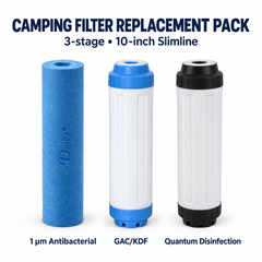 Three 10-inch Slimline camping replacement cartridges: blue Darlly 1 micron antibacterial sediment, GAC/KDF with blue caps and Quantum Disinfection with black caps