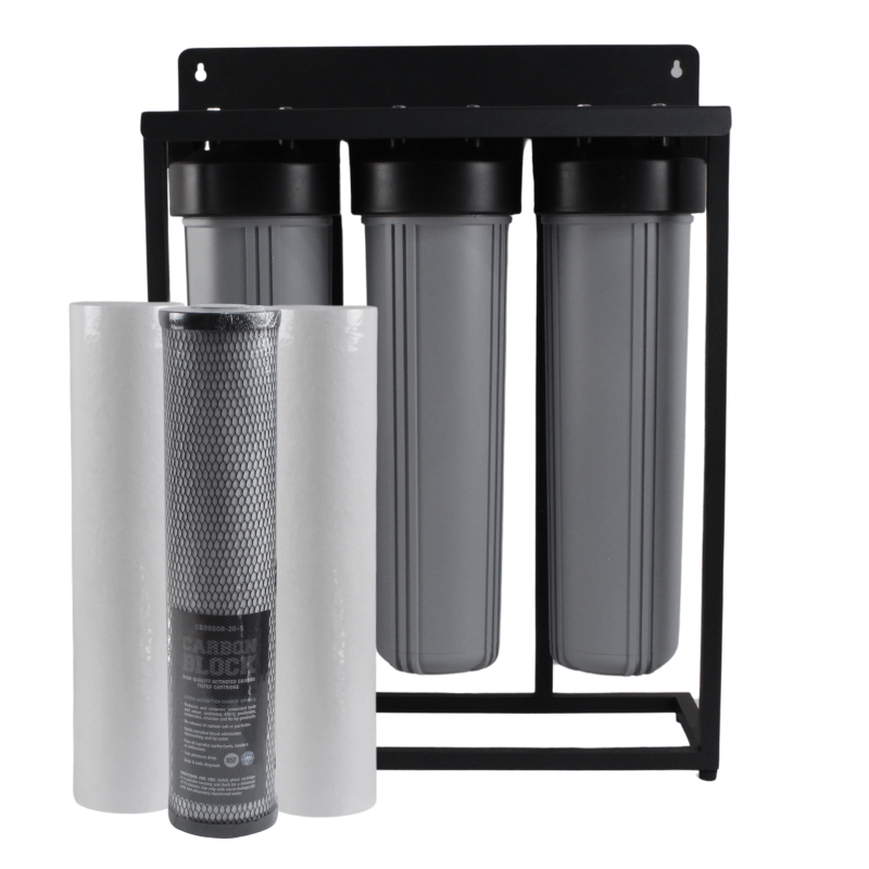 Black powder-coated stainless-steel three-stage 20-inch Big Blue filtration unit with grey housings and premium filters