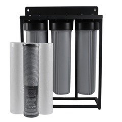Black powder-coated stainless-steel three-stage 20-inch Big Blue filtration unit with grey housings and premium filters