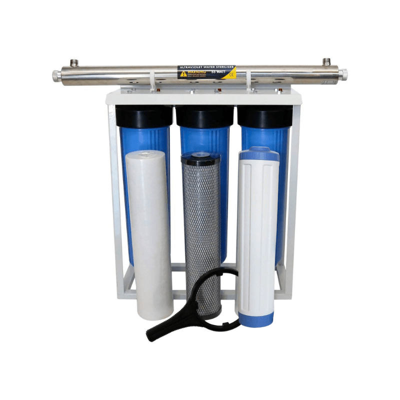 3 - Stage Big Blue Descale + UV Water Filtration System – 20 Inch, 2720 L/h (Sediment + Carbon Block + Siliphos + 55W UV) - H2O Warehouse