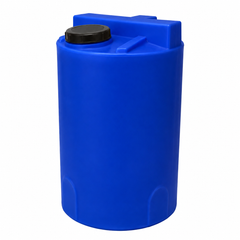 100 L blue chemical dosing tank with black screw lid on a plain white background