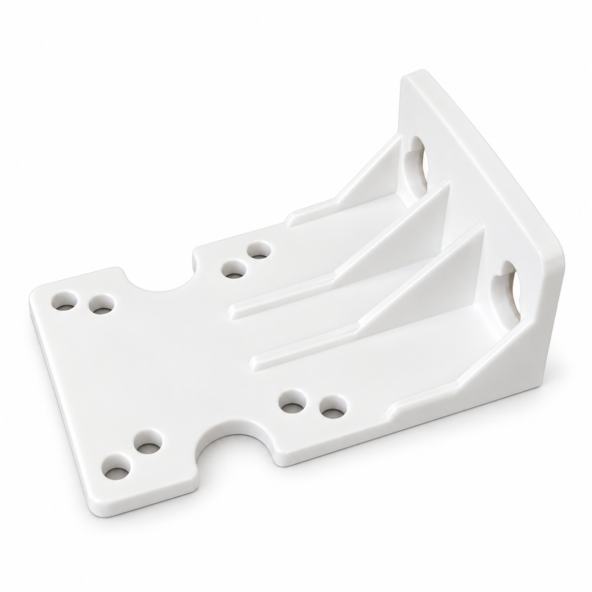 ACP10-03 white plastic single bracket for 10-inch slimline filter housing, angled view showing reinforcing ribs and mounting holes
