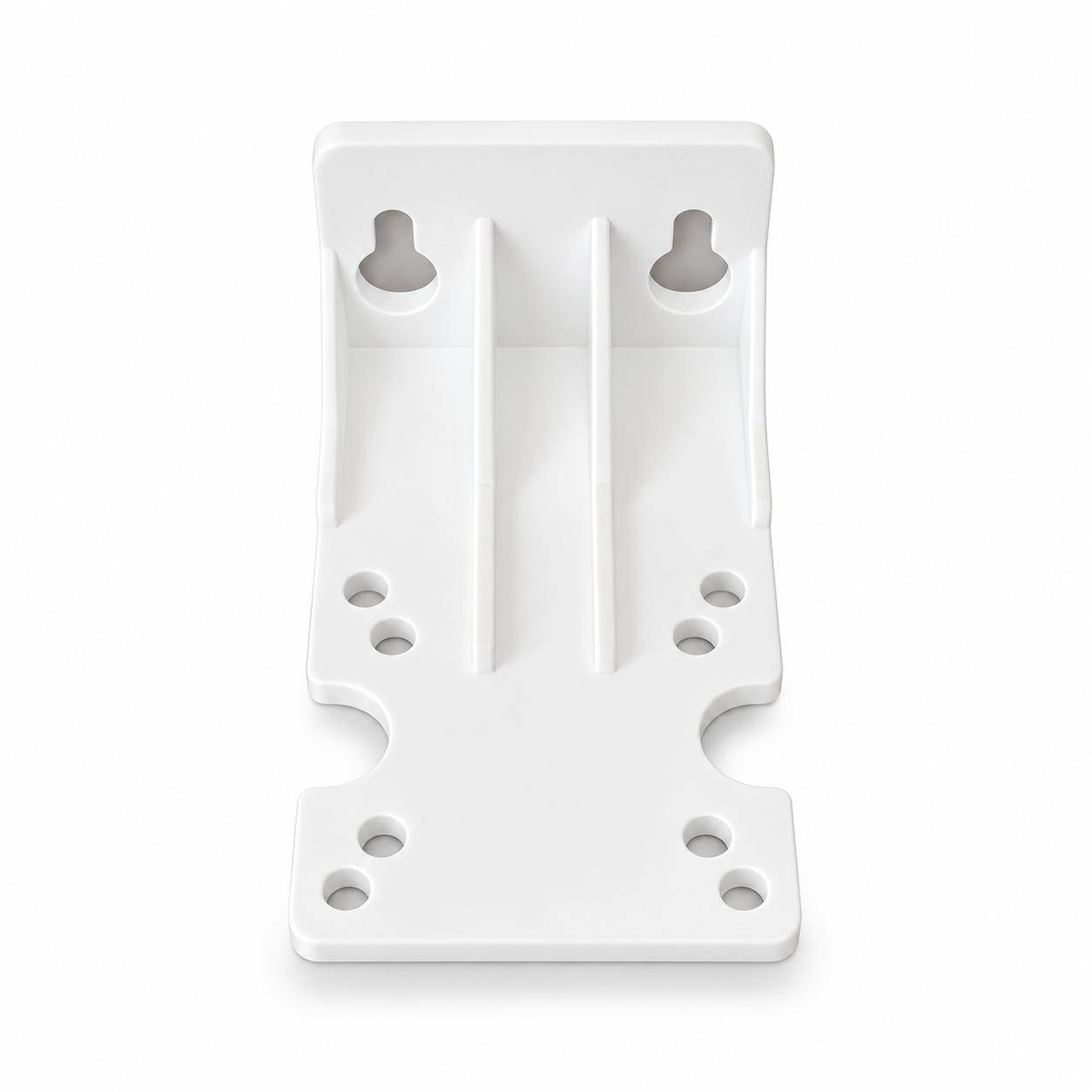 ACP10-03 rust-free plastic bracket for 10-inch slimline filter housing, front view showing keyhole mounting slots and screw holes