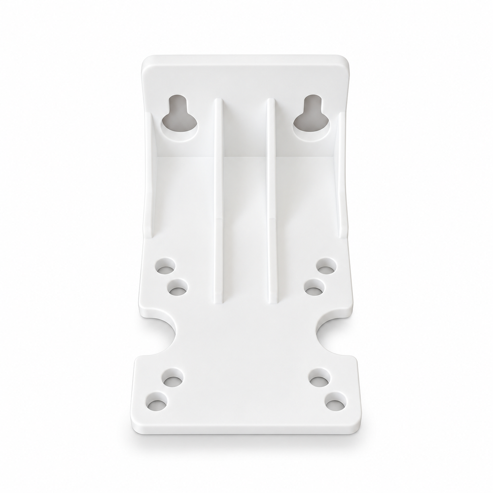 ACP10-03 rust-free plastic bracket for 10-inch slimline filter housing, front view showing keyhole mounting slots and screw holes