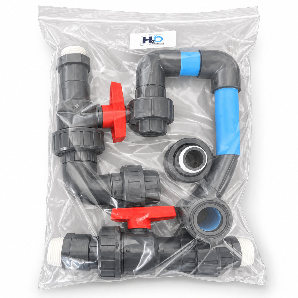 Packaged pre-plumbed PVC fittings kit with unions and isolation valves for three-stage filtration and 55 W UV