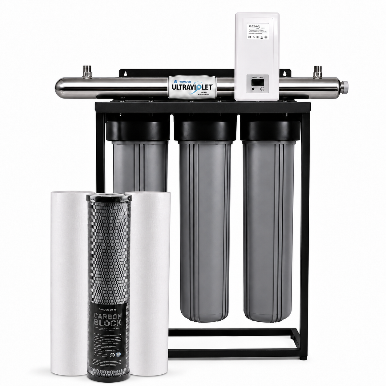H2O Warehouse H2OW1461 three-stage stainless-steel Big Blue filtration system with grey housings, premium cartridges and 65W WONDER UV steriliser