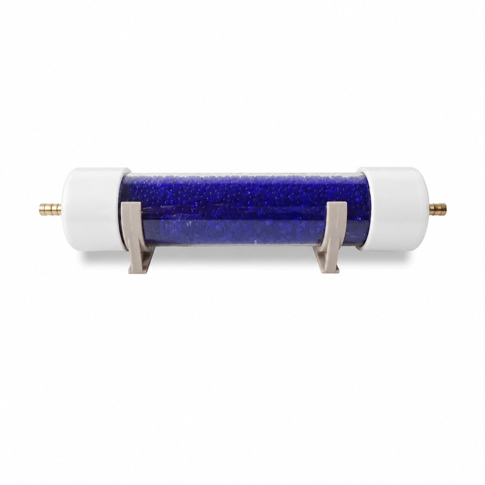 Side view of ozone air dryer filter with white end caps and hose-barb connections