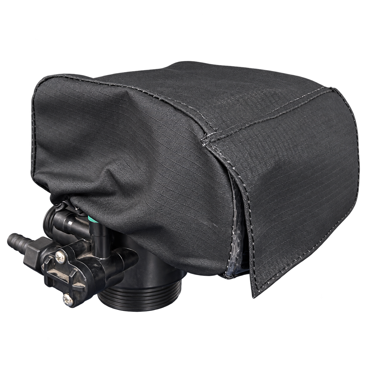Runxin automatic control valve protective cover fitted to a backwash head – rear view