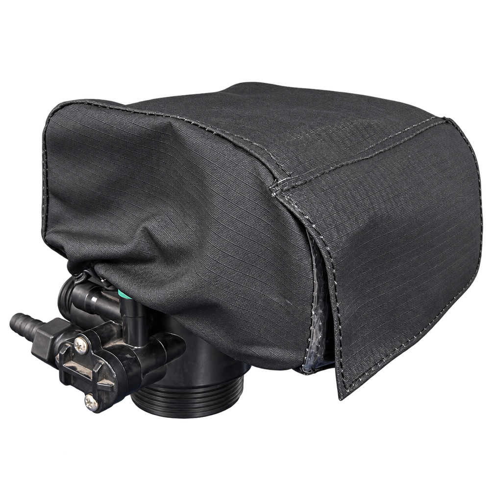Runxin automatic control valve protective cover fitted to a backwash head – rear view