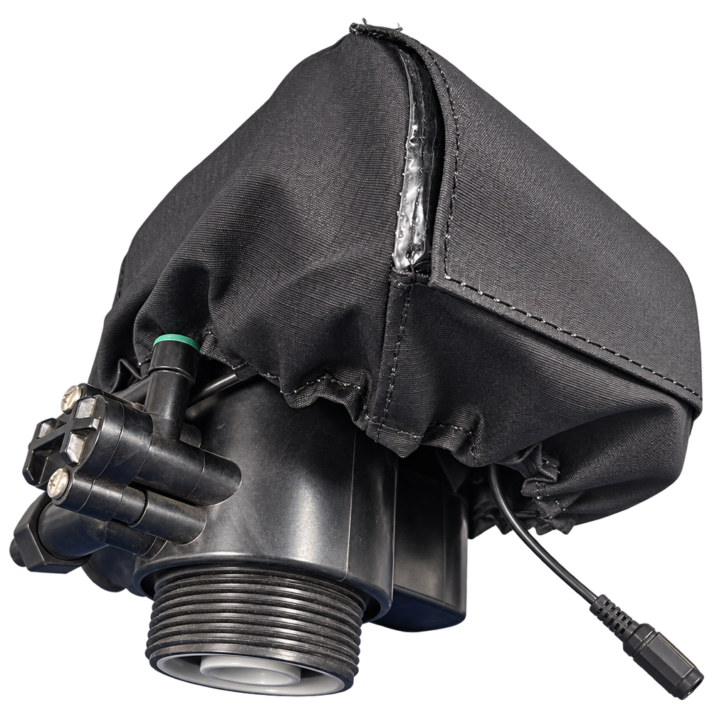 Runxin automatic control valve protective cover fitted to a backwash head – side view